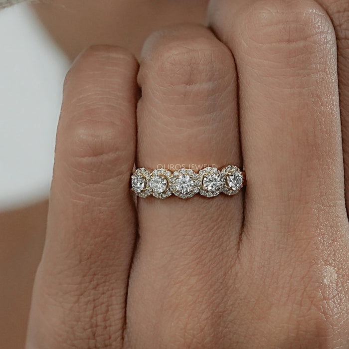 Five Stone Halo Round Diamond Wedding Band