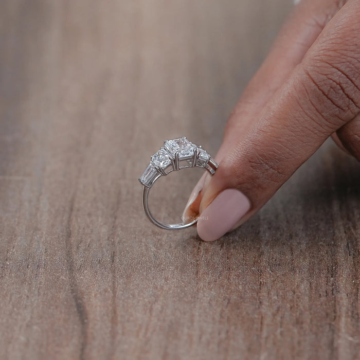 side view of radiant cut diamond five stone engagement ring in white gold band