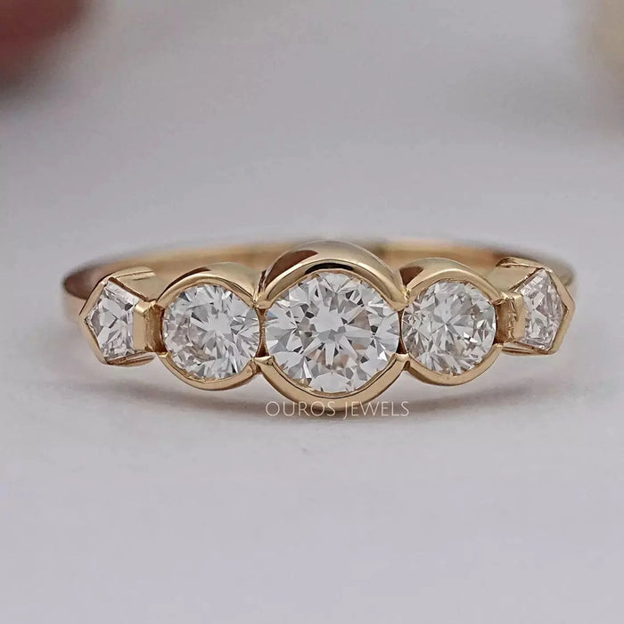 Five Stone Round And Pentagon Diamond Bezel Set Ring