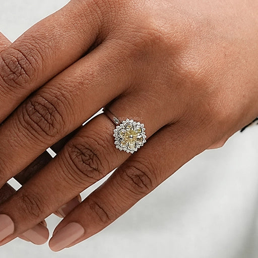 Yellow Pear Cut Floral Halo Diamond Ring