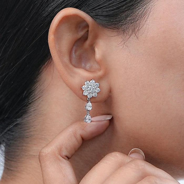 Round Diamond Halo Flower Drop Earrings