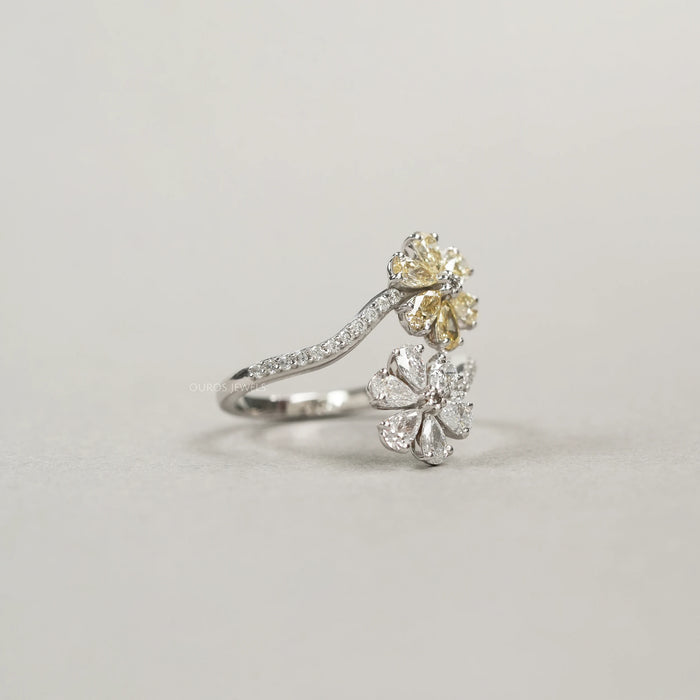 Flower Shape Yellow Pear Cut Lab Diamond Twin Bypass Ring