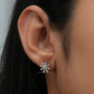 [A Women wearing Pink Round Diamond Flower Shape Stud Earringa]-[Ouros Jewels]