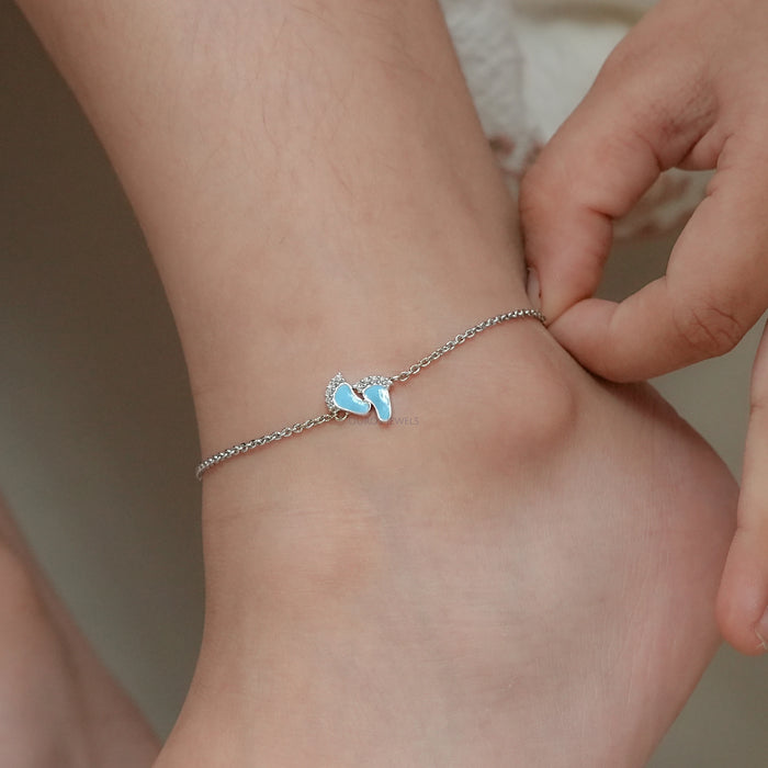 Enamel Blue Baby Foot  Print Round Diamond Anklet