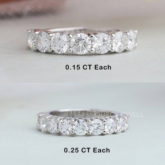 Round Cut Diamond Half Eternity Band, featuring two variations: the top band with 0.15 carat and the bottom band with 0.25 carat each diamond. Both bands display a continuous row of sparkling diamonds set in a sleek metal band.