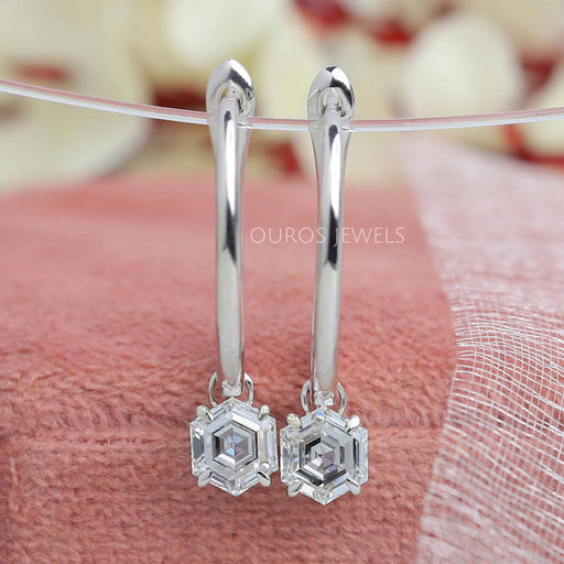 front view of step cut hexagon shape diamond drop dangle earrings white gold