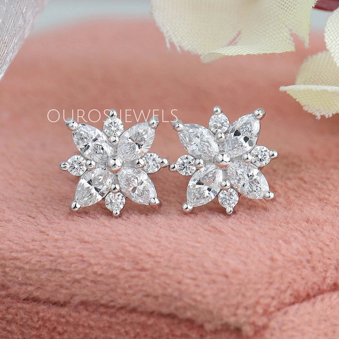 Cluster Diamond Marquise Stud Gold Earrings