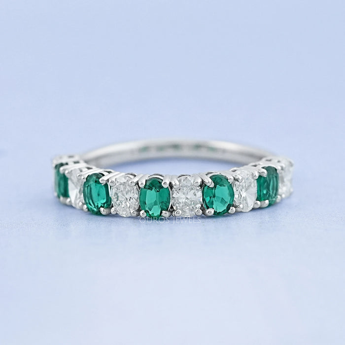 Green Oval Gemstone Half Eternity Wedding Band