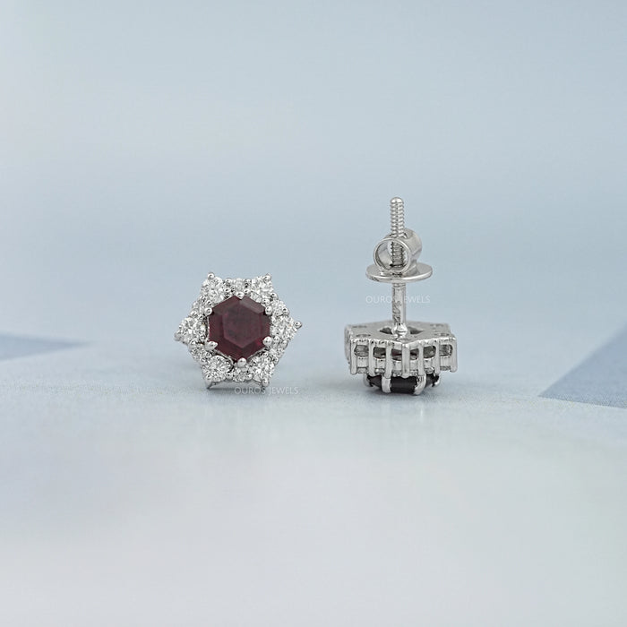 Floral Hexagon Cut Red Ruby Gemstone Cluster Stud Earrings