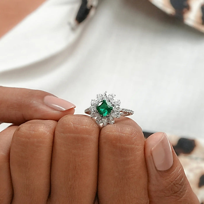 Green Cushion And Lab Diamond Halo Ring — Ouros Jewels