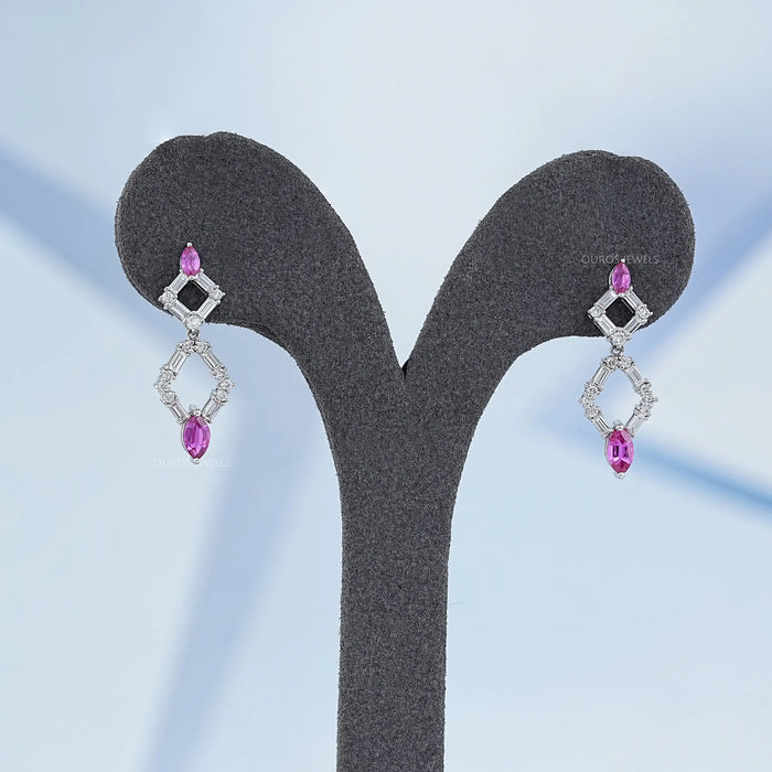 Pink Gemstone And Diamond Drop Dangle Earrings