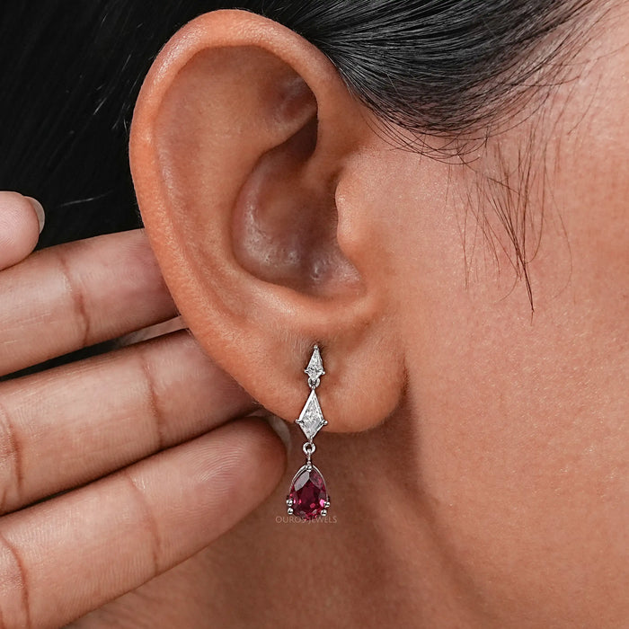 Dangling Kite Cut And Pear Shape Ruby Drop Earrings