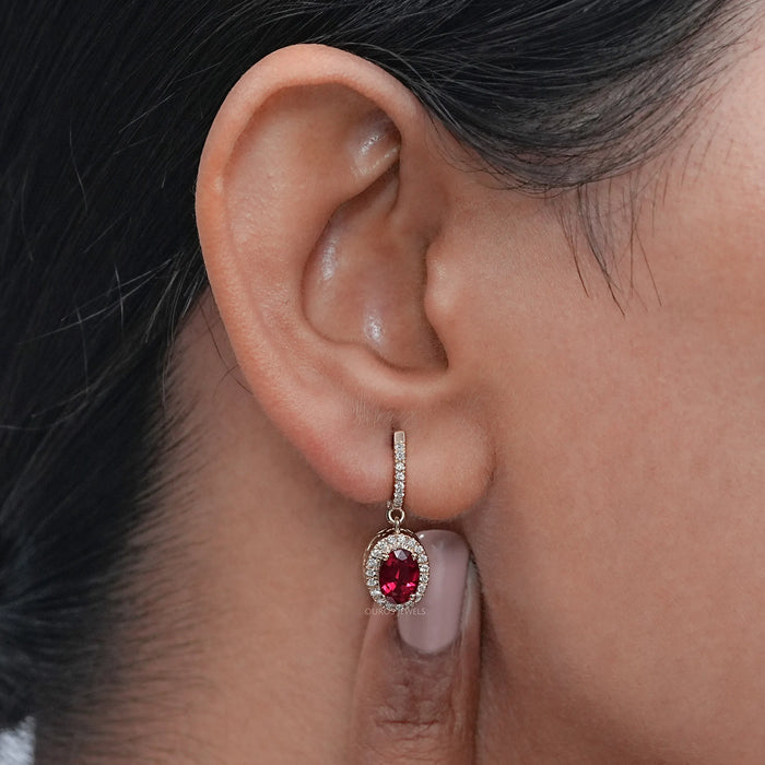 Ruby Oval Cut Halo Drop Dangle Earrings