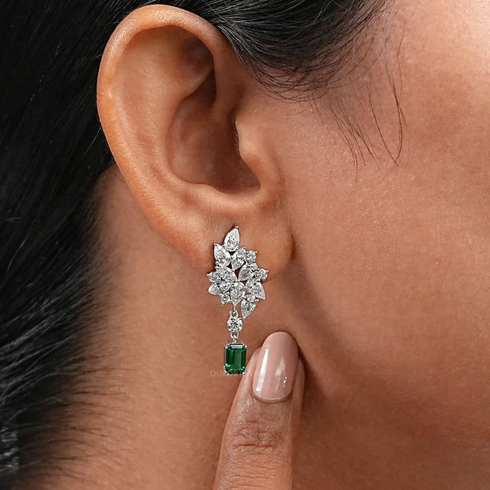 Diamond Cluster Drop Emerald Earrings