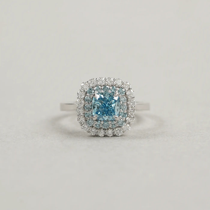 Fancy Blue Cushion Cut Double Halo Lab Diamond Ring