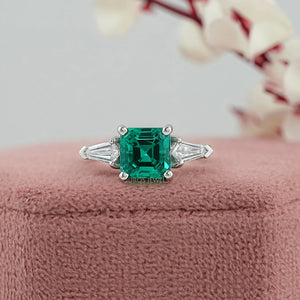 Asscher Cut Green Gemstone Three Stone Engagement Ring