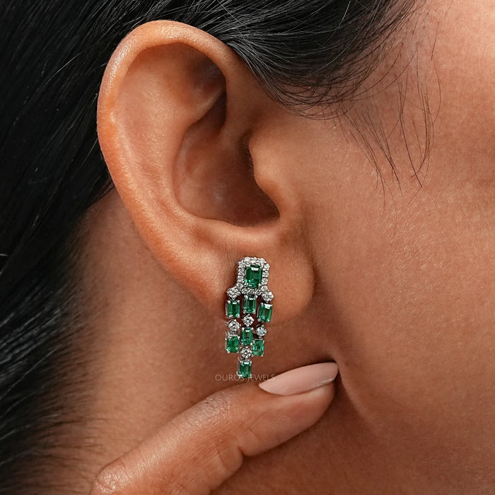 Green Emerald Halo Diamond Chandelier Dangle Earring