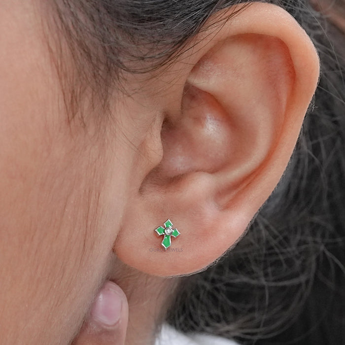 Enamel Green Cross Earrings For Kids