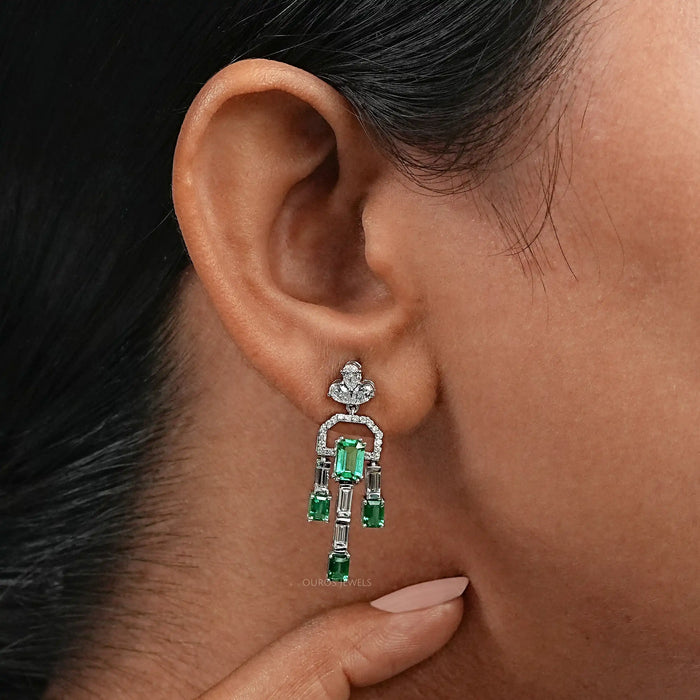 Green Emerald And Diamond Linear Drop Earrings
