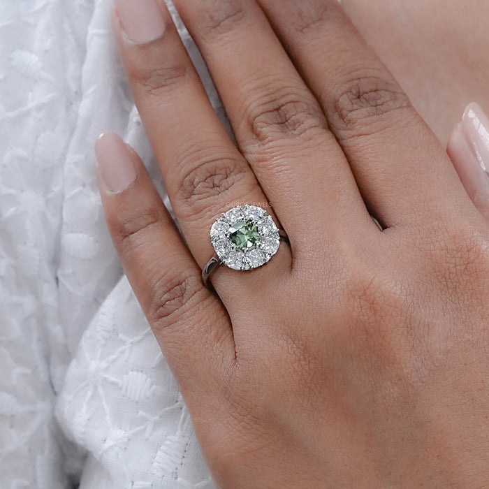 Green Cushion Cut Lab Diamond Halo Engagement Ring