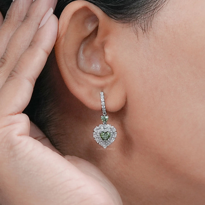 Green Heart Diamond Halo Set Dangle Earring