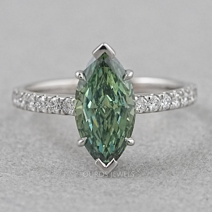 front view of green marquise-cut lab diamond solitaire accent wedding ring