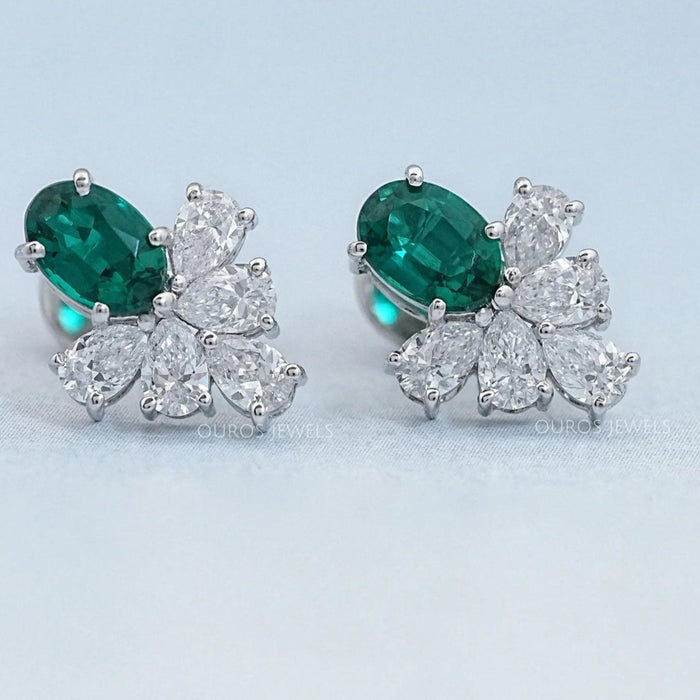 Green Oval  And Pear Lab Diamond Floral Stud Earrings