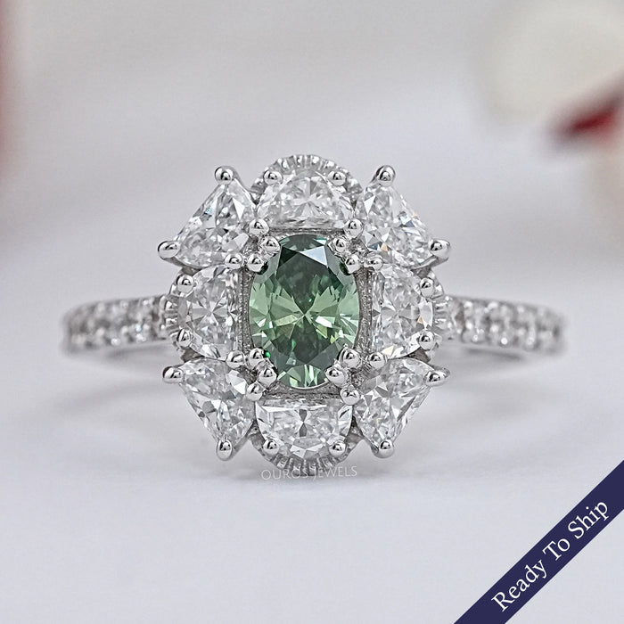 Green Oval Cut Half Moon Halo Engagement Ring