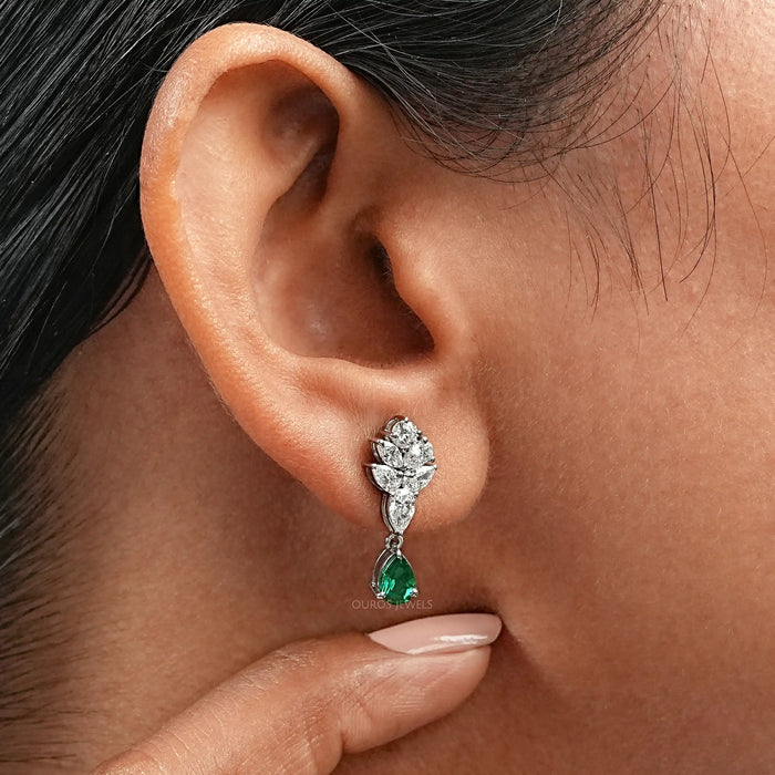 Green Emerald And Pear Diamond Cluster Earrings — Ouros Jewels