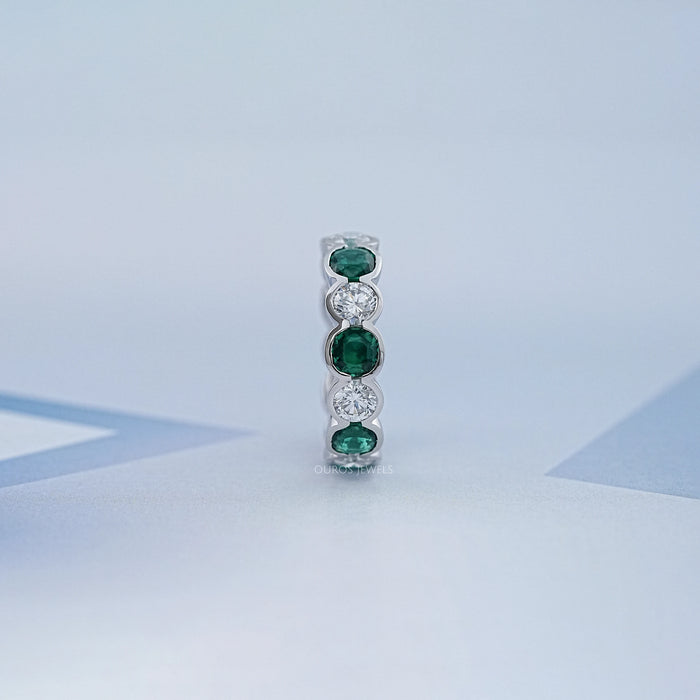 Green Zambian Cushion Half Bezel Wedding Band