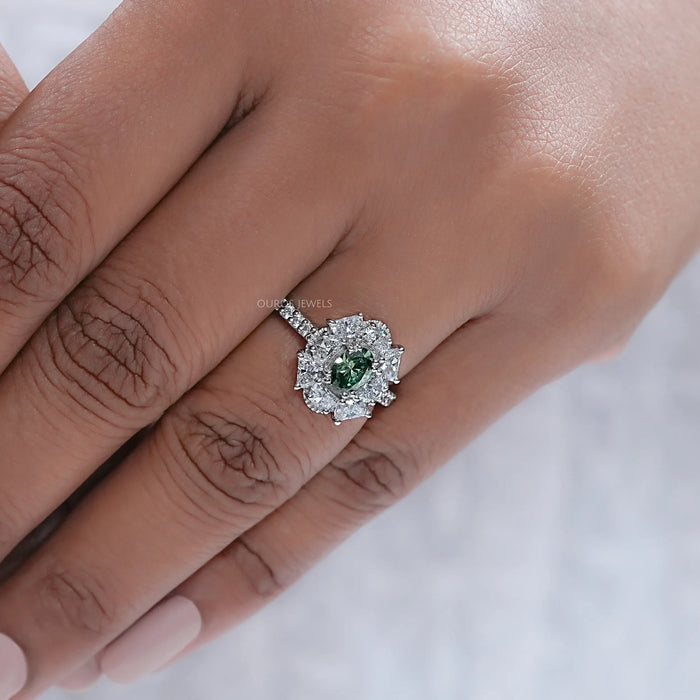 Oval Cut Green Half Moon Halo Engagement Ring