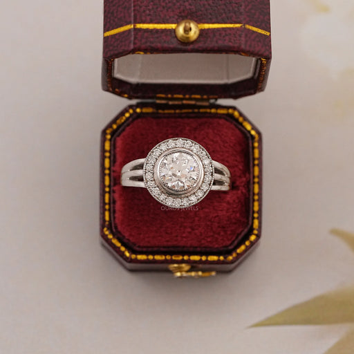 old european round cut diamond split shank engagement ring in red jewelry box