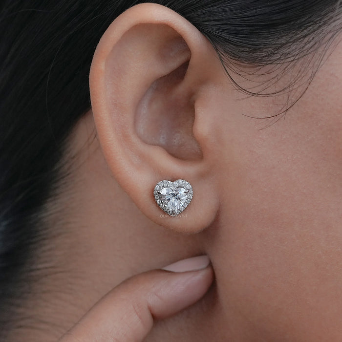 Heart Shape Diamond Earrings With Halo Stud