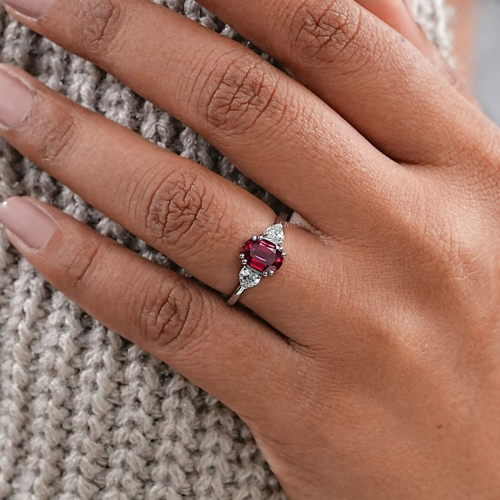 Oval Cut Red Ruby Three Stone Ring