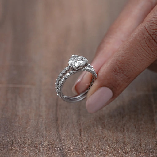 side view of square radiant-cut lab diamond bridal ring set with white gold band