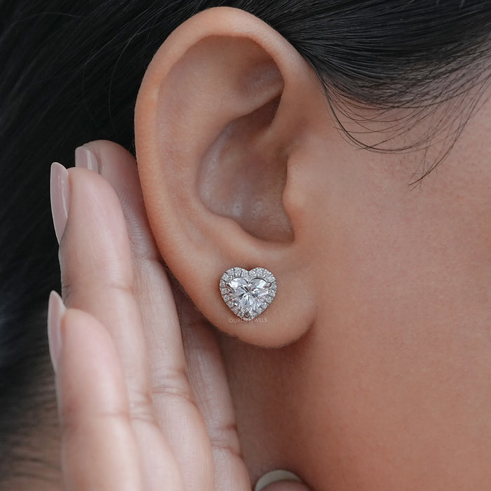 Heart Shape Diamond Earrings With Halo Stud