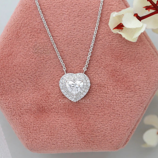 heart shape diamond double halo pendant necklace sterling silver on box