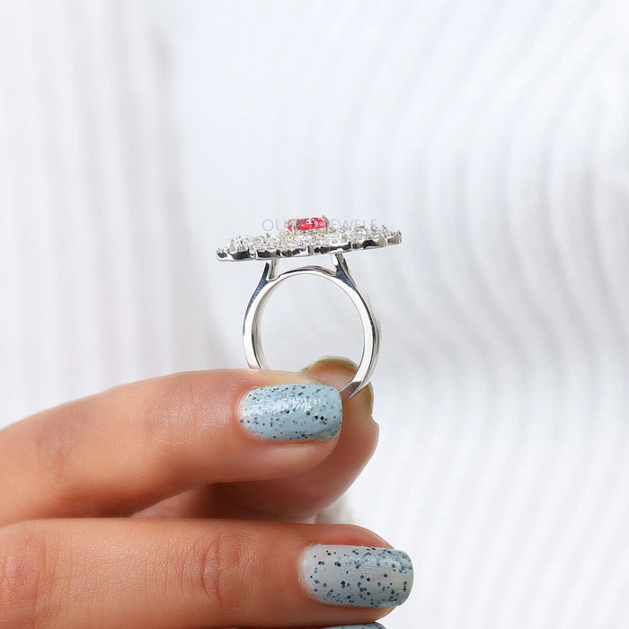 pink heart cut lab diamond floral halo engagement ring's close view