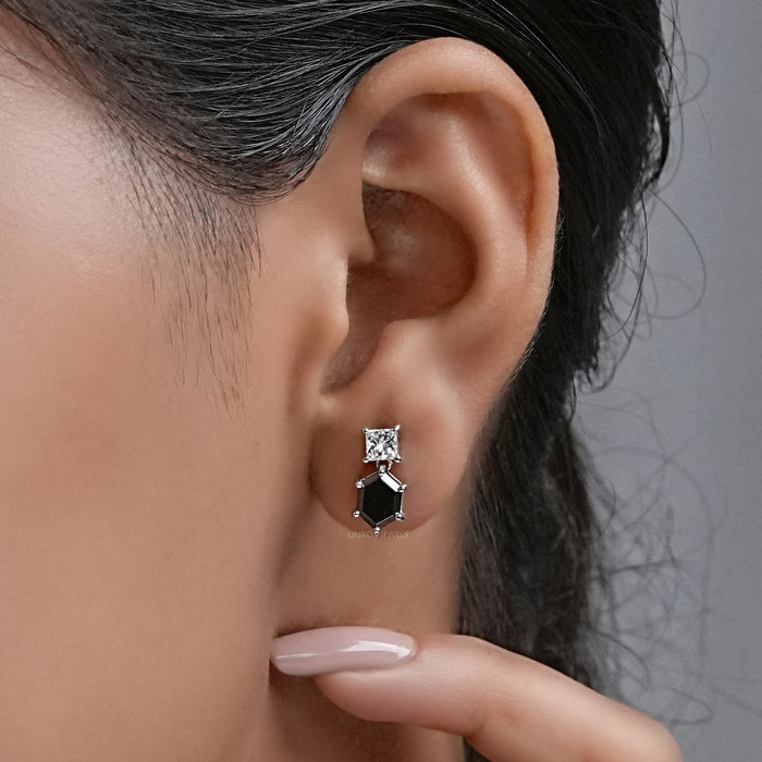 Hexagon Black Diamond Dangle Earrings