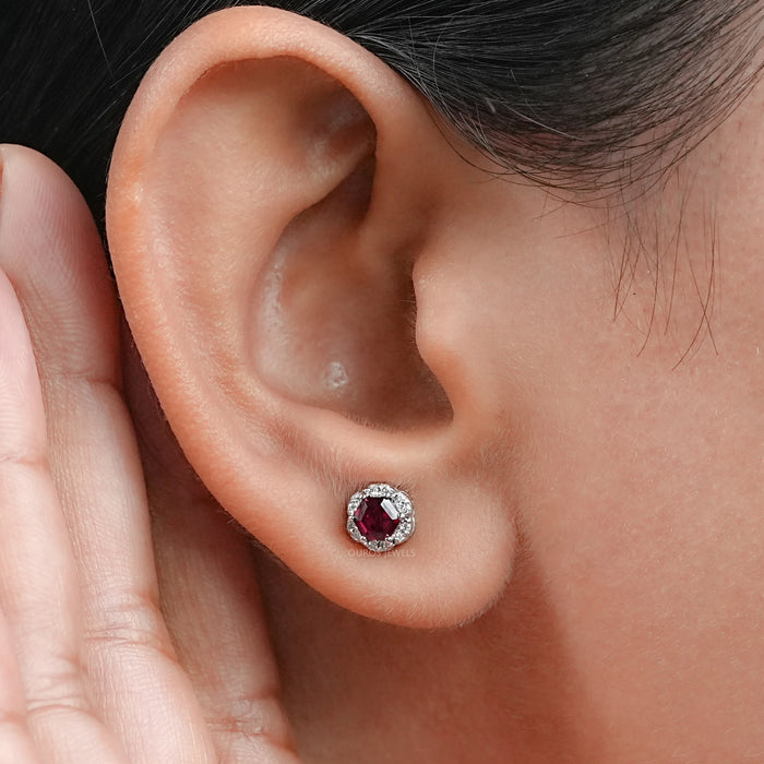 Hexagon Cut Red Ruby Gemstone Halo Stud Earrings