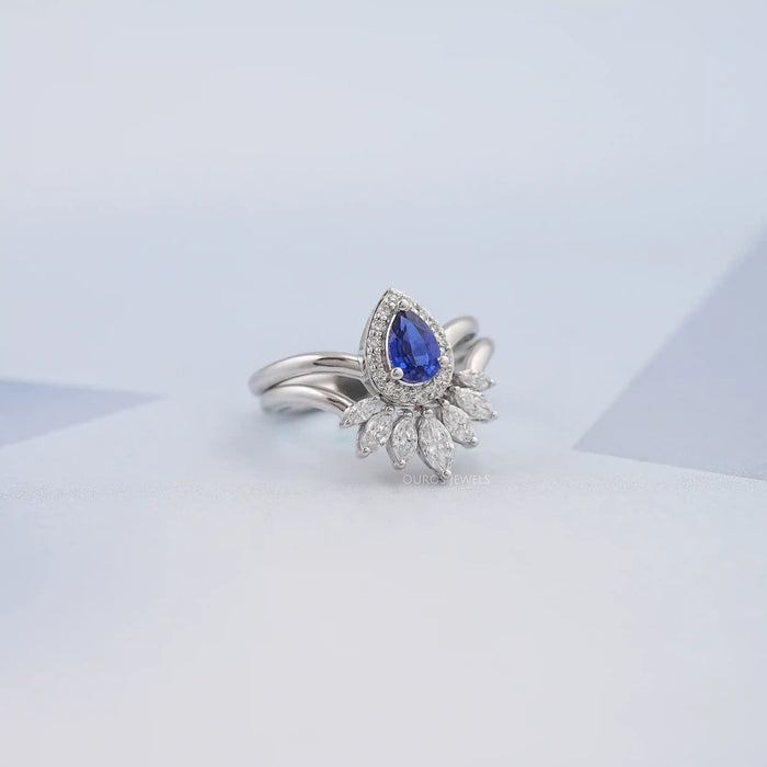 Sapphire Pear Carved Wedding Ring