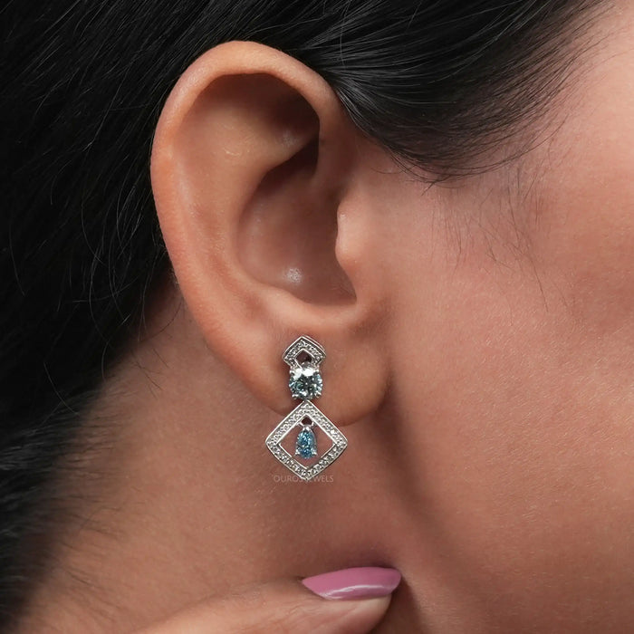 Blue Round With Pear Diamond Drop Earrings