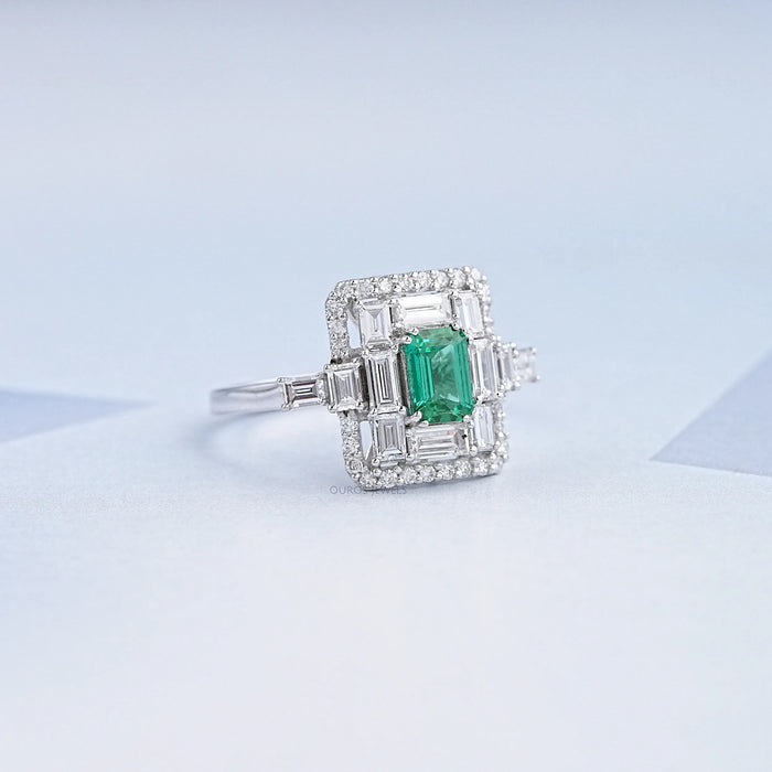 Green Emerald And Lab Diamond Halo Engagement Ring — Ouros Jewels