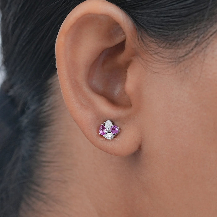 Pink Pear And Round Diamond Cluster Earrings