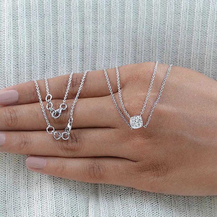 Cushion Cut Lab Diamond Dual Layer Chain Necklace for Women