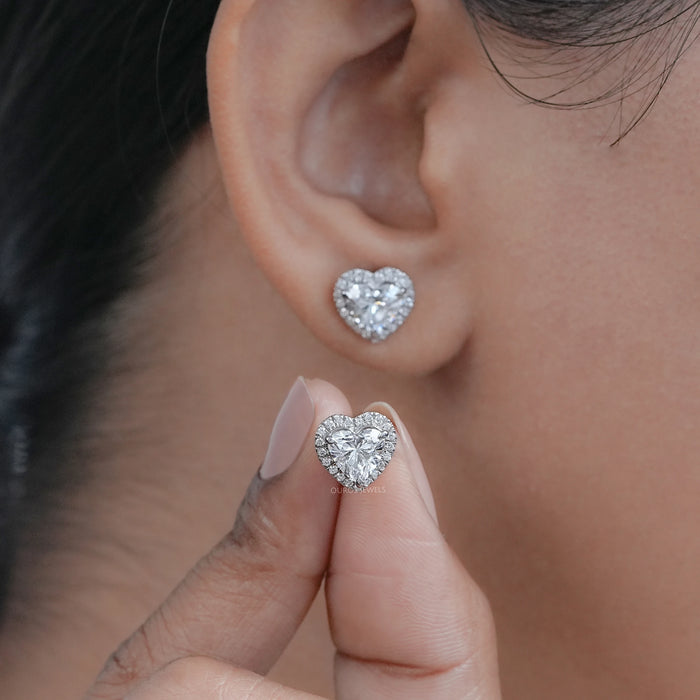 Heart Shape Diamond Earrings With Halo Stud