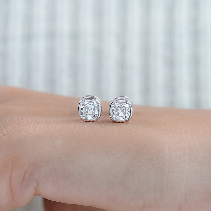 Square Old Mine Cushion Diamond Bezel Stud Earrings