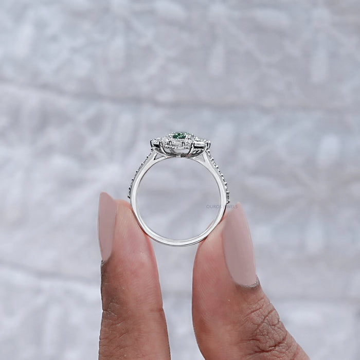 Green Oval Cut Half Moon Halo Engagement Ring