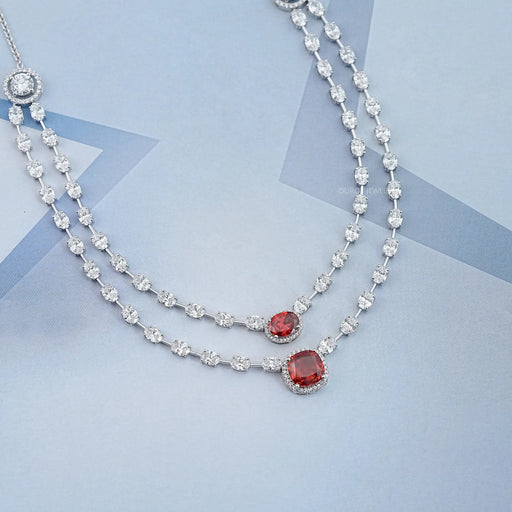 side view, oval and cushion cut ruby lab gemstone halo double layered necklace in white gold