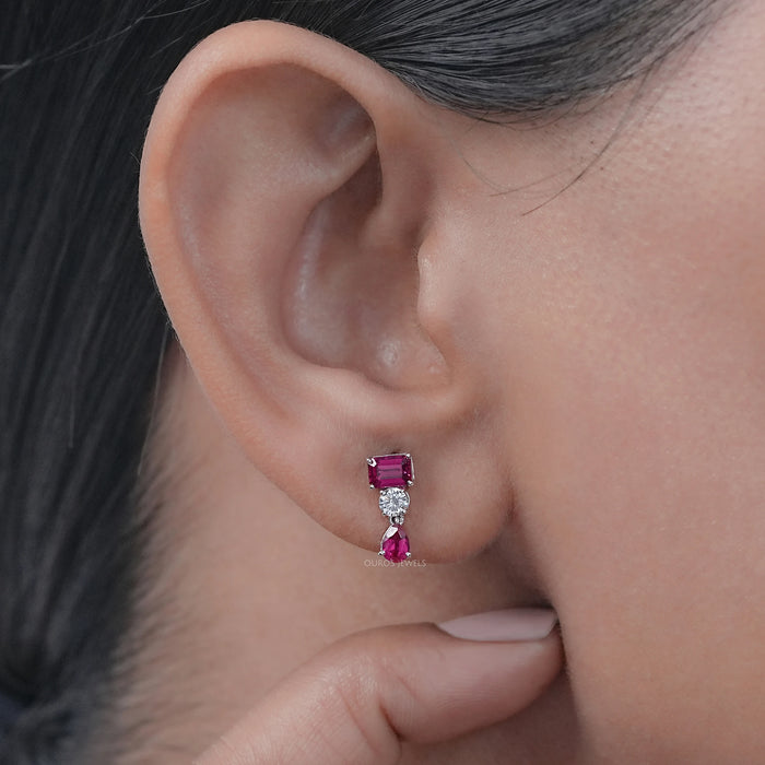 Ruby Emerald And Pear Gemstone Drop Earrings